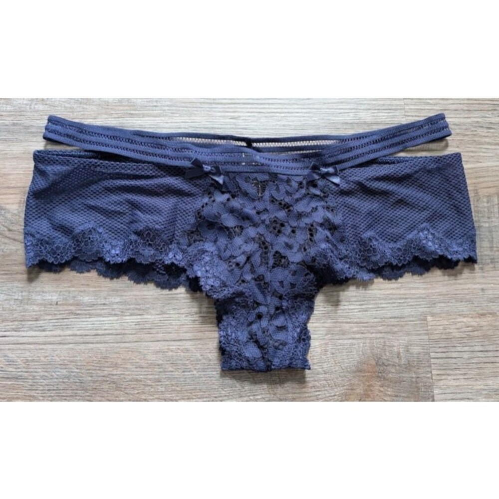 NWT Victorias Secret Cheeky Panties Blue Sexy Lace Bow Cut Out Sz L